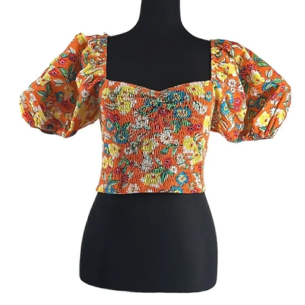 Zara Womens Balloon Sleeve Crop Top Flounce shirt l Orange Floral sz lg NWT - Picture 2 of 10